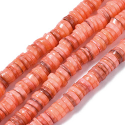 Natural Freshwater Shell Beads Strands, Dyed, Flat Round/Disc, Heishi Beads, Dark Salmon, 5~6x1~2mm, Hole: 1mm, about 205~215pcs/strand, 15.35 inch(39cm)(SHEL-S278-025H)