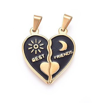 304 Stainless Steel Split Pendants, with Enamel, Heart with Moon & Sun, with Word, Golden, 36x31x2.5mm, Hole: 9x5mm, One side: 36x16x2.5mm, Another side: 36x15x2.5mm