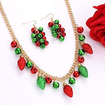 Christmas Bell & Bulb Alloy Pendant Necklaces & Dangle Earrings Sets, Golden, 400mm