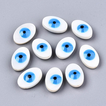 Natural Freshwater Shell Beads, with Enamel, Enamelled Sequins, Oval with Evil Eye, Dodger Blue, 15.5x10x5.5mm, Hole: 0.8mm