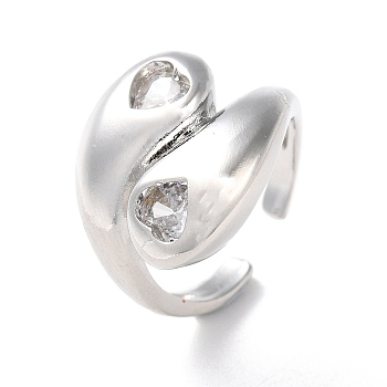 Rack Plating Brass with Clear Cubic Zirconia Open Cuff Rings, Teardrop with Heart, Platinum, Inner Diameter: 17mm