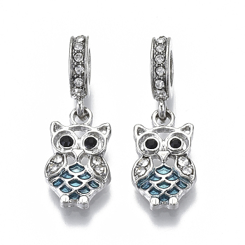 Alloy European Dangle Charms, with Crystal & Jet Rhinestone and Enamel, Large Hole Pendants, Owl, Platinum, Turquoise, 27mm, Hole: 5mm, Owl: 17x10x2mm