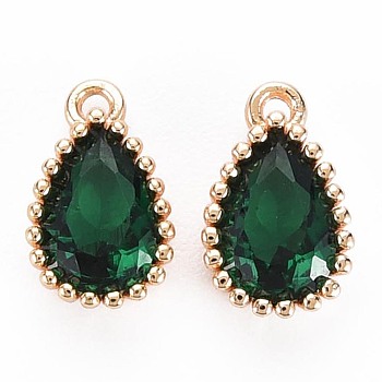 Brass Inlaid Cubic Zirconia Charms, Nickel Free, Long-Lasting Plated, Real 18K Gold Plated, Teardrop, Sea Green, 8x5x2mm, Hole: 0.8mm