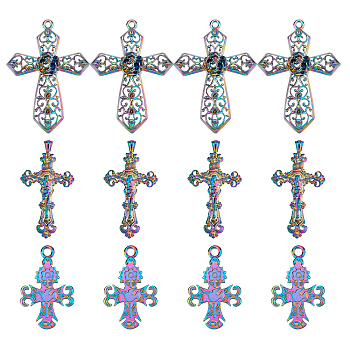 SUPERFINDINGS 12Pcs 3 Style Alloy Big Pendants, Cadmium Free & Lead Free, for Religion, Cross, Rainbow Color, 4pcs/style