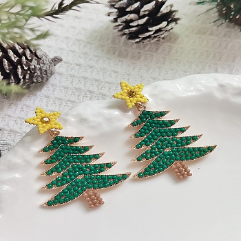 Christmas Tree Alloy & Acrylic Beaded Dangle Stud Earrings for Women, with Brass Pin, Golden, Green, 56x38mm