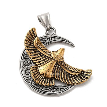 304 Stainless Steel Pendants, Moon with Eagle Charm, Antique Silver & Antique Golden, 46x41x4.5mm, Hole: 9x5mm