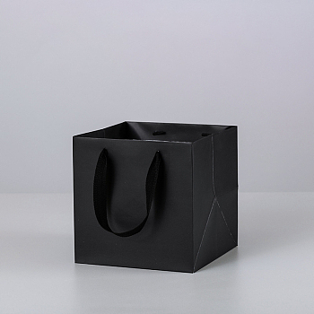 Solid Color Kraft Paper Gift Bags with Ribbon Handles, for Birthday Wedding Christmas Party Shopping Bags, Square, Black, 15x15x15cm