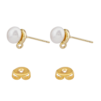 5 Pair Natural Pearl Round Stud Earrings Findings, with Vertical Loops & Brass Pins & Friction Ear Nuts, Real 18K Gold Plated, 10x7.5mm, Hole: 0.6mm, Pin: 0.6mm