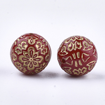 Plating Acrylic Beads, Metal Enlaced, Round with Flower, Red, 13.5~14mm, Hole: 1.5mm