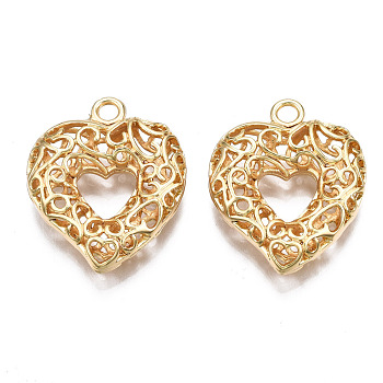 Brass Pendants, Hollow, Nickel Free, Heart, Real 18K Gold Plated, 27.5x22.5x6.5mm, Hole: 2.6mm