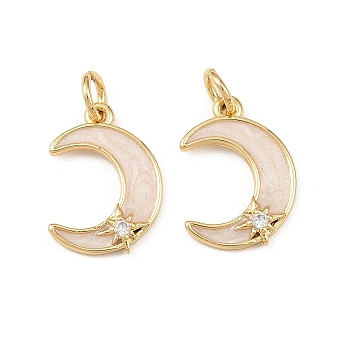 Brass Micro Pave Clear Cubic Zirconia Pendants, Moon Charm, with Enamel & Jump Ring, Long-Lasting Plated, Cadmium Free & Lead Free, Real 18K Gold Plated, 16x11.5x2.5mm, Hole: 3.4mm