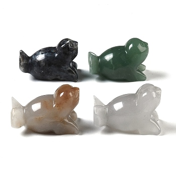 Natural Mixed Gemstone Carved Sea Lion Figurines, for Home Office Desktop Feng Shui Ornament, 41.5x20~23.5x27.5mm