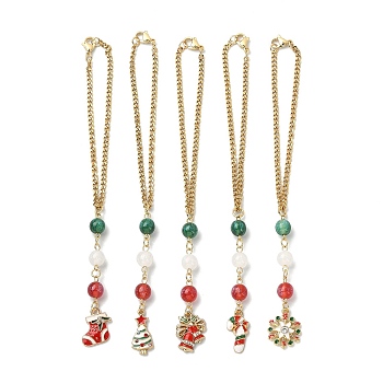 Christmas Alloy Enamel Pendant Decorations, with Resin Round Beads and 304 Stainless Steel Curb Chains, Snowflake/Sock/Bell/Tree/Candy Cane, Mixed Color, 168~173mm
