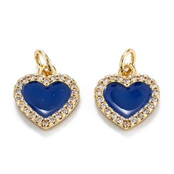 Brass Micro Pave Clear Cubic Zirconia Pendants, with Enamel, Real 18K Gold Plated, Long-Lasting Plated, Heart, Midnight Blue, 12x11x2mm, Hole: 3.2mm