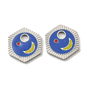 304 Stainless Steel Charms, with Enamel, Hexagon with Moon Pattern Charms, Stainless Steel Color, 11x10x1mm, Hole: 2mm
