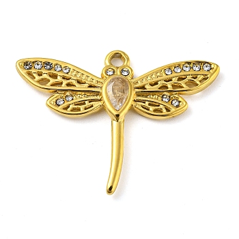 Ion Plating(IP) Real 18K Gold Plated 304 Stainless Steel Rhinestone Pendants, Dragonfly Charms, Crystal, 22x29x2mm, Hole: 1.5mm