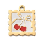 304 Stainless Steel Enamel Pendants, Real 18K Gold Plated, Square Charm, Cherry, 19.5x16.5x1.5mm, Hole: 2mm(STAS-R169-03A-G)