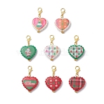 Christmas Printed Opaque Acrylic Pendant Decorations, with Zinc Alloy Lobster Claw Clasps, Heart, Mixed Color, 36mm(HJEW-JM04476)