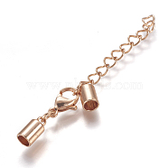 304 Stainless Steel Chain Extender, with Lobster Claw Clasps and Cord Ends, Rose Gold, 65mm, Cord End: 10x5mm, Inner Diameter: 4mm(STAS-P224-09RG)