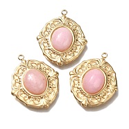 Natural Rose Quartz Pendants, Ion Plating(IP) 304 Stainless Steel Oval Charms, Real 18K Gold Plated, 24x20x5.5mm, Hole: 1.5mm(STAS-P371-008A-G)