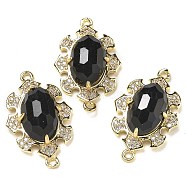 Natural Mixed stone Faceted Oval Connector Charms, Rack Plating Brass Micro Pave Clear Cubic Zirconia Flower Links, Golden, 25.5x16x7mm, Hole: 1.2mm(G-G181-06G-06)