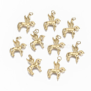 304 Stainless Steel Pendants, with Jump Rings, Laser Cut, Pegasus, Real 14K Gold Plated, 19x16x1mm, Jump Ring: 4x0.5mm, 3mm inner diameter(STAS-S116-056G)