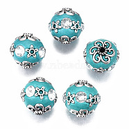 Handmade Indonesia Beads, with Crystal Rhinestone and Brass Findings, Round, Antique Silver, Dark Turquoise, 17x16.5mm, Hole: 1.8mm(IPDL-T001-08)