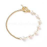 Natural Pearl Beaded Link Bracelet with 304 Stainless Steel Rolo Chains for Women, White, Link: 13x6.5x6mm, 7-5/8 inch(19.5cm)(BJEW-JB08776-01)