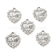 Alloy Rhinestone Pendants, Platinum Tone Hollow Out Heart with Word Love Charms, Crystal, 17x15.5x3mm, Hole: 2.4mm(ALRI-C007-11P)