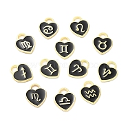 Alloy Enamel Charms, Golden, Heart with Twelve Constellations Charm, Black, 14.5x12x1.8mm, Hole: 3.5x2.5mm(ENAM-D046-01G)