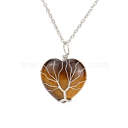 Natural Tiger Eye Heart Pendant Necklaces, Platinum Copper Wire Wrap Necklace, 20.47 inch(52cm)(PW-WG58330-07)