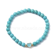 Synthetic Turquoise Round Beaded Stretch Bracelets, Alloy Enamel Heart Bracelet for Women, Inner Diameter: 2-1/8 inch(5.4cm)(BJEW-JB09881-08)