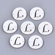 Natural Freshwater Shell Links Connectors, Flat Round with Letter, Letter.L, 14.5x1.5mm, Hole: 0.9mm(SHEL-S276-120L)
