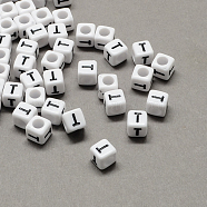 Large Hole Acrylic Letter European Beads, Horizontal Hole, White & Black, Cube with Letter, Letter.T, 8x8x8mm, Hole: 4mm, about 1144pcs/500g(SACR-Q103-8mm-01T)