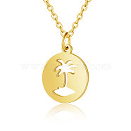 201 Stainless Steel Pendant Necklaces, with Cable Chains, Flat Round with Coconut Palm, Golden, 15.7 inch(40cm), 1.5mm, Flat Round: 16x13.5x1mm(NJEW-T009-JN133-40-2)