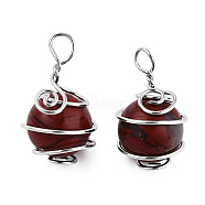 Natural Red Jasper Pendants, with Platinum Plated Brass Wire Wrapped, Round Charm, 28.5~34x18.5~20x17~19mm, Hole: 4~5.5mm(G-N333-013E)