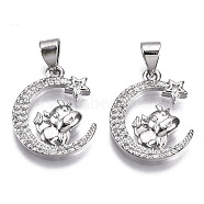 Brass Micro Pave Cubic Zirconia Pendants, Moon with Cattle, Nickel Free, Real Platinum Plated, 17.5x14.5x3mm, Hole: 3x4.5mm(ZIRC-T013-09P-NF)