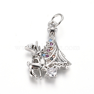 Brass Micro Pave Cubic Zirconia Pendants, with Jump Rings, Christmas Reindeer/Stag & Christmas Tree, for Christmas, Colorful, Platinum, 21.5x15.5x3.5mm, Hole: 3.5mm(ZIRC-L085-15P)