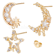 6pcs 3 styles Moon & Star Brass Micro Pave Clear Cubic Zirconia Stud Earring Findings with Loops, Rhinestone Settings, with 6pcs Ear Nuts, Real 18K Gold Plated, 14.5~19.5x13~16.5mm, Hole: 1~1.2mm, Pin: 0.7~0.9mm, 2Pcs/style(KK-BBC0007-95)