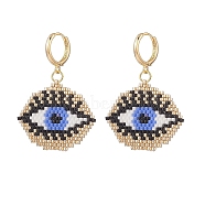Glass Seed Braided Horse Eye Dangle Hoop Earrings, Golden Brass Wire Wrap Jewelry for Women, Blue, 46mm, Pin: 1mm(EJEW-MZ00012)