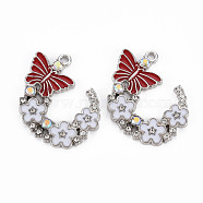 Alloy Rhinestone Pendants, with Enamel, Platinum, Butterfly with Flower, Creamy White, 22x29x2mm, Hole: 1.8mm(PALLOY-N153-06D-RS)