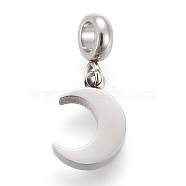 304 Stainless Steel Charms, with Tube Bails, Manual Polishing, Moon, Stainless Steel Color, 14.6mm, Pendant: 9x6x1.8mm, Hole: 2.5mm(STAS-F259-014P)