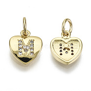 Brass Micro Pave Clear Cubic Zirconia Charms, with Jump Ring, Heart with Letter, Real 16K Gold Plated, Nickel Free, Letter.M, 10x9x2mm, Jump Ring: 5x1mm, 3mm inner diameter(KK-N227-34M-NF)