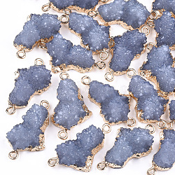 Electroplate Druzy Resin Links connectors, with Iron Findings, Nuggets, Light Gold, Light Steel Blue, 28~29x15.5~16x9~10mm, Hole: 1mm(X-RESI-S366-05C)