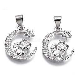 Brass Micro Pave Cubic Zirconia Pendants, Moon with Cattle, Nickel Free, Real Platinum Plated, 17.5x14.5x3mm, Hole: 3x4.5mm(ZIRC-T013-09P-NF)