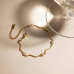 304 Stainless Steel Crystal Rhinestone Flat Round Wavy Bar Link Chain Bracelets for Women, Real 18K Gold Plated, 6.10 inch(15.5cm)(BJEW-F543-01G)