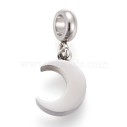 304 Stainless Steel Charms, with Tube Bails, Manual Polishing, Moon, Stainless Steel Color, 14.6mm, Pendant: 9x6x1.8mm, Hole: 2.5mm(STAS-F259-014P)