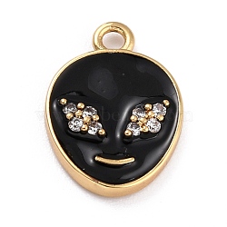 Golden Plated Brass Micro Pave Clear Cubic Zirconia Pendants, with Enamel, Long-Lasting Plated, Extra-terrestrial, Black, 17x11.5x2mm, Hole: 1.6mm(ZIRC-L097-031E-G)