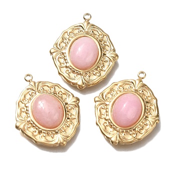 Natural Rose Quartz Pendants, Ion Plating(IP) 304 Stainless Steel Oval Charms, Real 18K Gold Plated, 24x20x5.5mm, Hole: 1.5mm