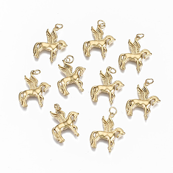 304 Stainless Steel Pendants, with Jump Rings, Laser Cut, Pegasus, Real 14K Gold Plated, 19x16x1mm, Jump Ring: 4x0.5mm, 3mm inner diameter